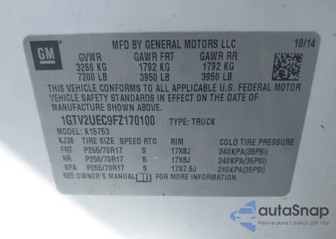 2015 GMC Sierra 1500 Sle from USA, damaged, VIN 1GTV2UEC9FZ170100